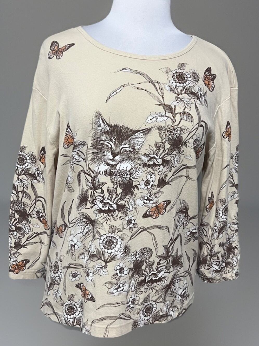 Y2K Endless Designs Floral Cat Long Sleeve Graphic Top Women's XL Butterfly